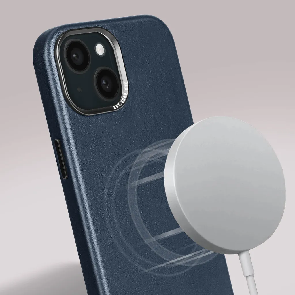 Étui Cuir iPhone 15 Plus Antichoc 1,2m - Decoded MagSafe Bleu Foncé