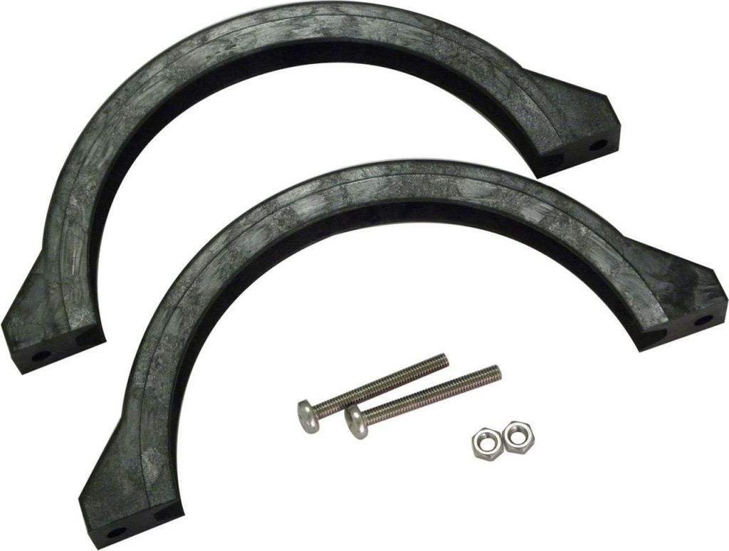 Two black curved plastic pieces with metal screws and nuts on a white background.