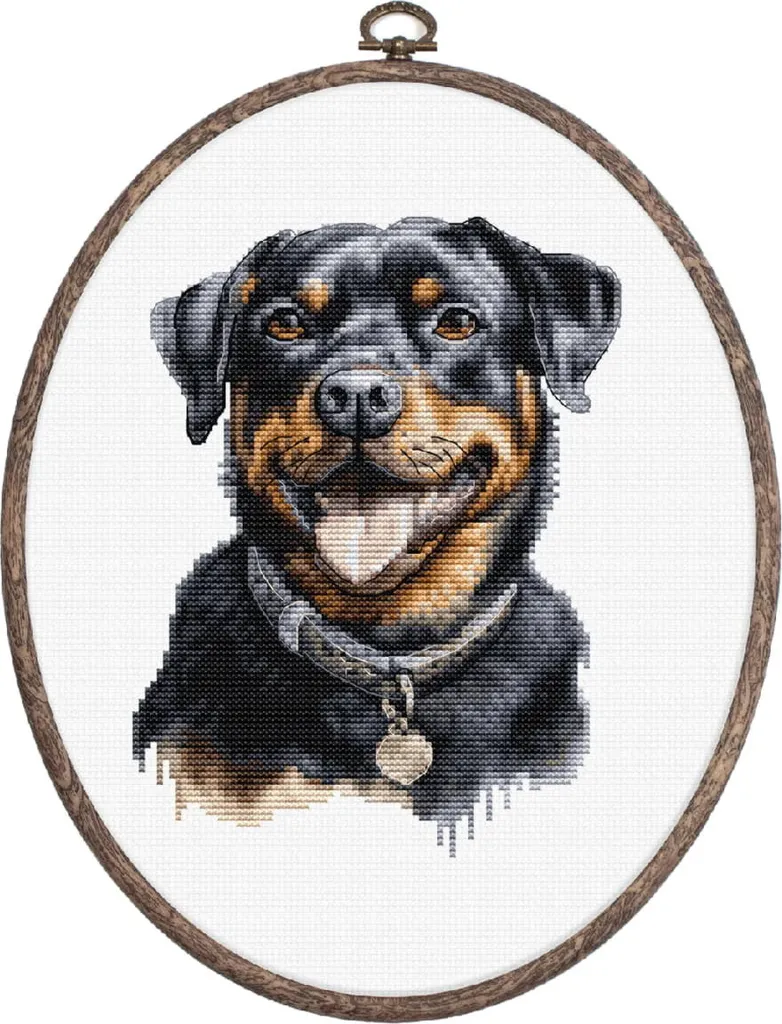 Kit broderie Rottweiler Luca-S avec cerceau bois et toile Aïda 13x17