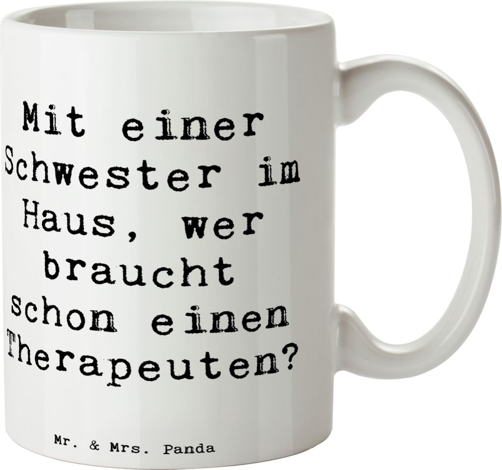 Mr. & Mrs. Panda haferl Spruch Schwester Glück - Weiß - Geschenk, Unterstützung, Trinkbecher, Zusammenhalt, Geschwisterliebe, Handarbeit, Kaffee...