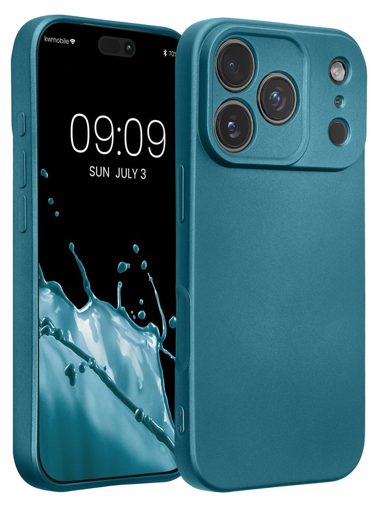 kwmobile Handyhülle für Apple iPhone 17 Pro Hülle - weiche Silikon Case metallisch schimmernd - Schutzhülle Cover - Metallic Karibikblau