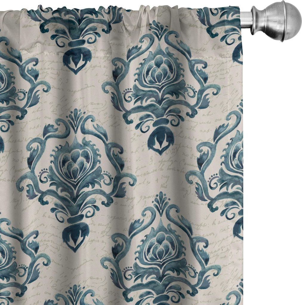 ABAKUHAUS Damast Vorhänge, Gardinen, Nostalgie-Themenzusammensetzung mit barocken Blüten und Handschrift-Hintergrund, 2 Stück 75 x 225 cm, Petro...