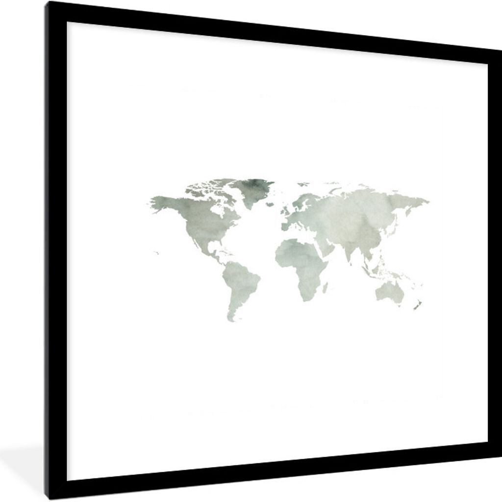 MuchoWow MuchoWow Gerahmtes Poster Weltkarte - Grau - Einfach 40x40 cm - Poster mit zchwarzem Bilderrahmen - Poster - Plakat im Rahmen