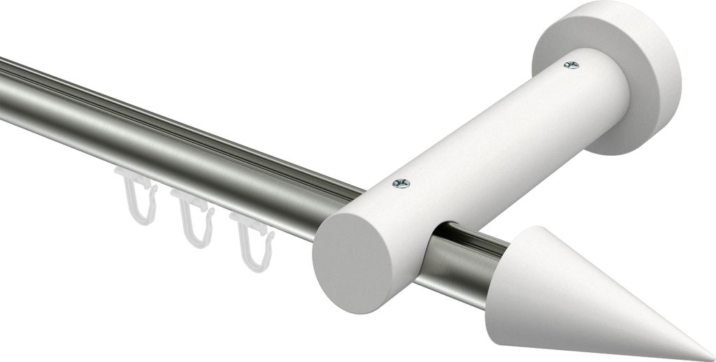 Interdeco Innenlaufstange / Gardinenstange mit Innenlauf Edelstahl-Optik / Weiß, Typ Talent Siveo (Kegel), 20 mm Ø 1-läufig, 320 cm