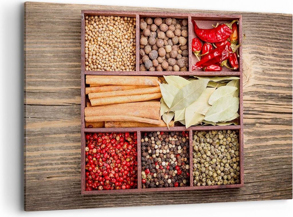Bild auf Leinwand - Leinwandbild - Holzkiste orientalisch Gewürz Gewürze - 120x80cm - Wand Bild - Wanddeko - Leinwanddruck - Bilder - Kunstdruck ...