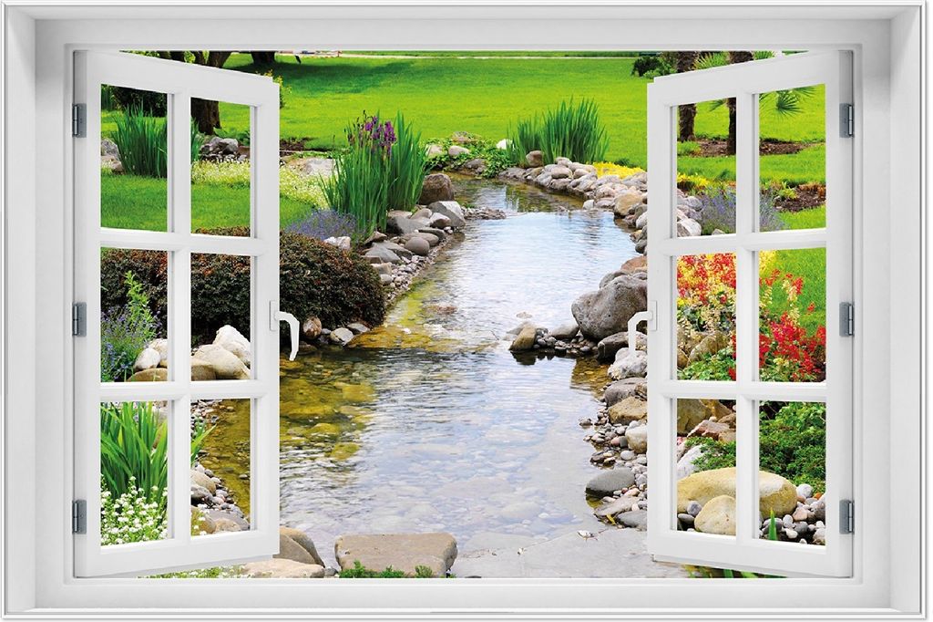 Wallario Wandbild mit Fenster-Illusion: Blumen am Teich, Größe: 61 x 91,5 cm, Poster mit weißem Aluminiumrahmen