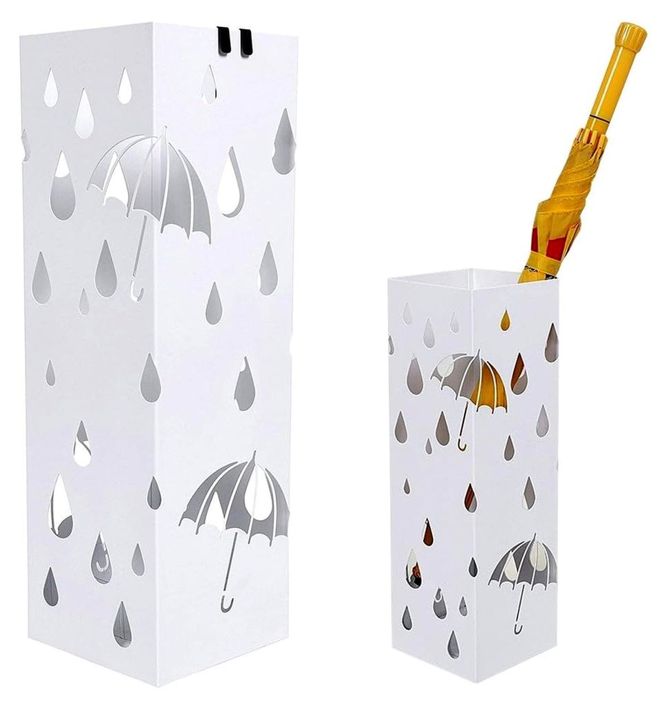 Regenschirmständer Metall Weiß mit Wasserauffangschale und Haken für Regenschirme quadratisch 49x15,5x15,5 cm