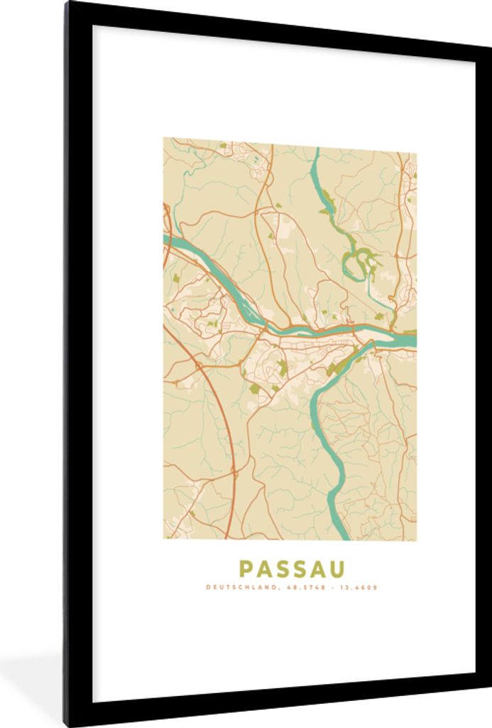 MuchoWow Gerahmtes Poster Jahrgang - Passau - Stadtplan - Karte 60x90 cm - Poster mit Schwarzem Bilderrahmen Wandposter Rahmen Foto Bilder - Deko...