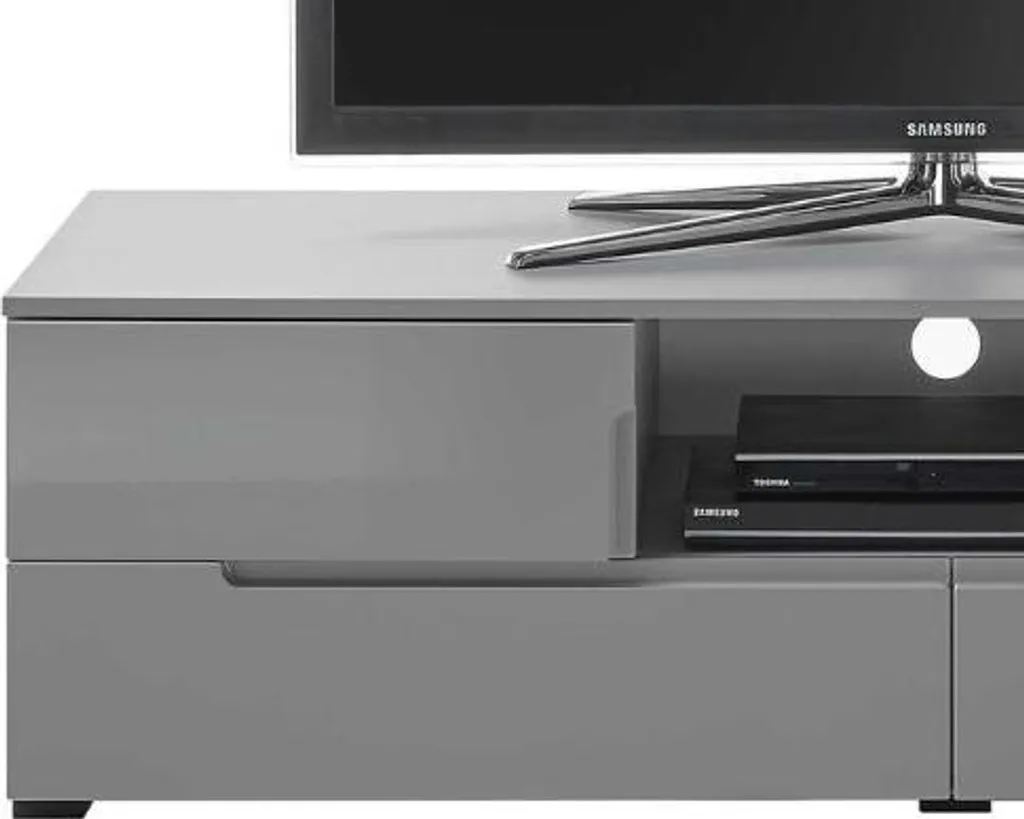 Banc TV gris laqué Seta : meuble de salon avec rangements modernes
