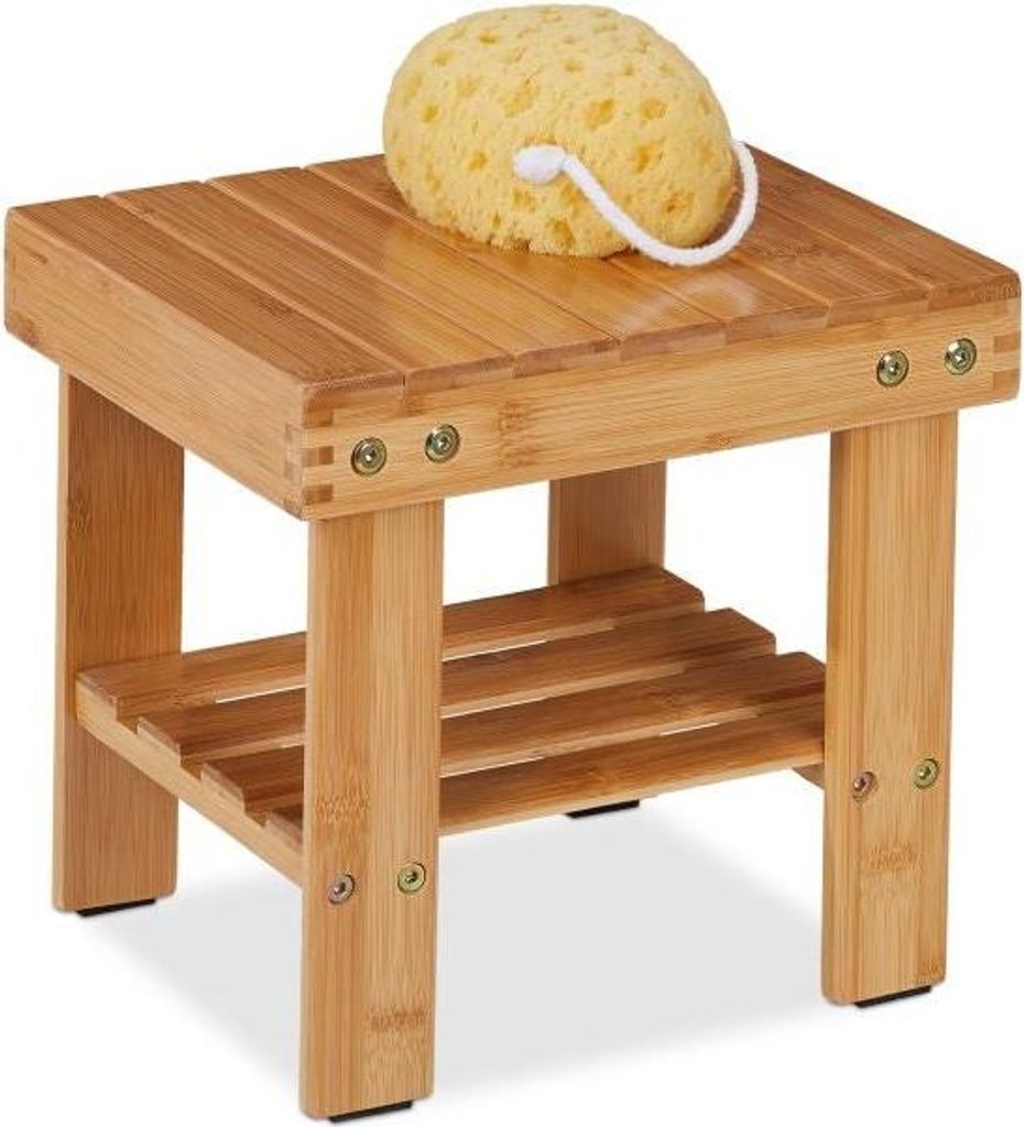 Tabouret de salle de bain en bambou avec étagère Image du produit 