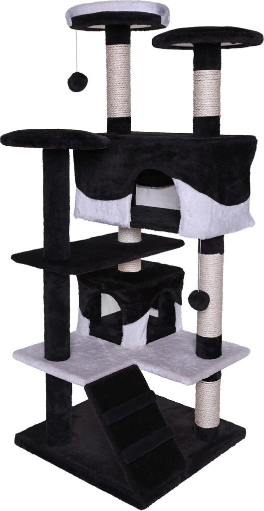 lionto Katzenkratzbaum, 130 cm großer Kratz- & Spielbaum mit 2 Höhlen, Treppe, 3 Liegeflächen & Sisalstämmen, schwarz/weiß
