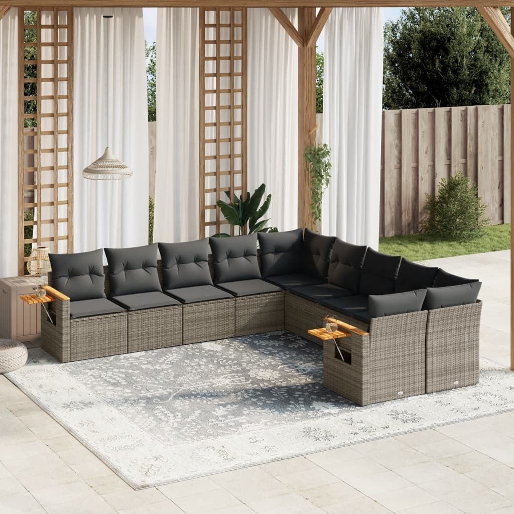 10-tlg. Garten-Sofagarnitur mit Kissen Grau Poly Rattan 3259596