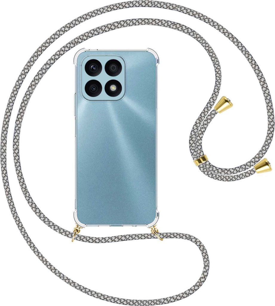 Handykette Backcover-Schutzhülle mit Band (Metall goldfarben) für Honor X8a (6.75'') - weiß/grau kariert