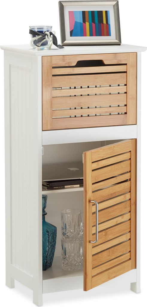 Relaxdays Beistellschrank aus Bambus, halbhoher Badschrank m. Schublade, HBT: 83 x 40 x 30 cm, Flur u. Wohnzimmer, weiß