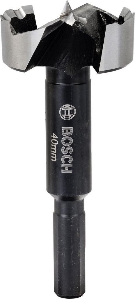A close-up studio shot of a Bosch Forstner drill bit.