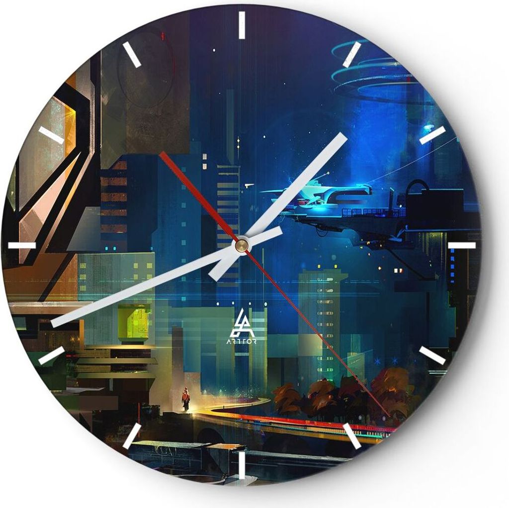 Wanduhr - Rund - Glasuhr - Fantasie Stadt - 30x30cm - Schleichendes Uhrwerk - Lautlos - zum Aufhängen bereit - Dekoration Modern - Wanddekoration ...