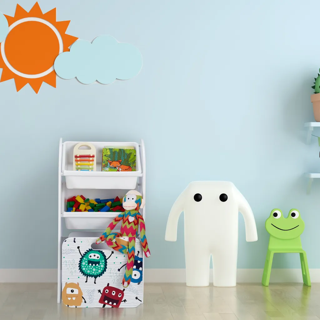 Étagère étroite enfants monstres en bois avec compartiments ouverts