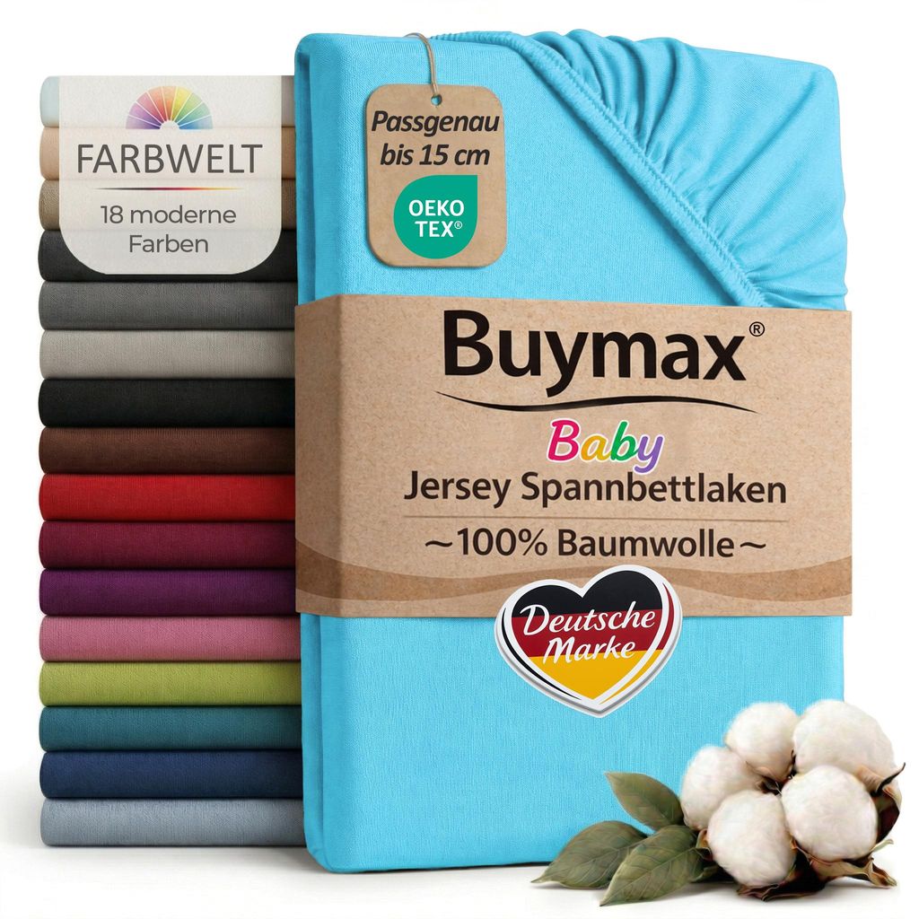 Buymax Baby Spannbettlaken 60x120 cm Türkis, Jersey 100% Baumwolle, Kinderbett Bettlaken, bis 15 cm Matratzenhöhe