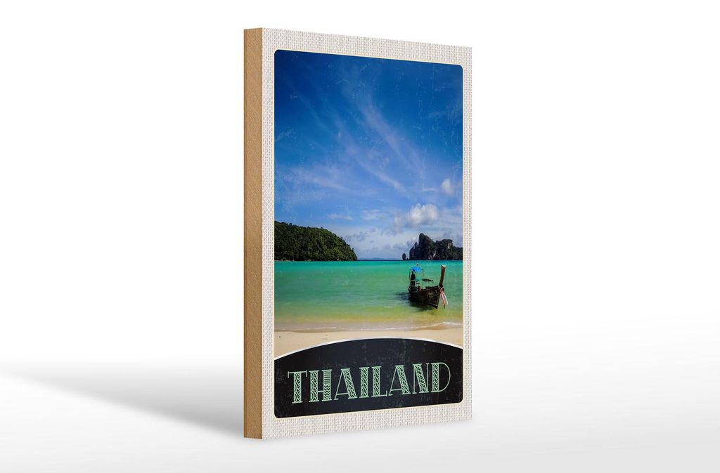 Holzschild Reise 20x30cm Thailand Meer Boot Gebirge Himmel