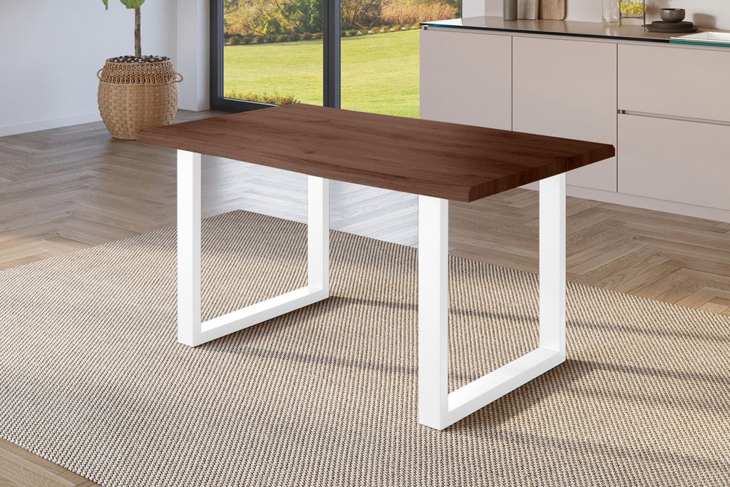 Esstisch Baumkante Holz-Optik Nussbaum 160 x 85 U-Gestell weiß JULIUS