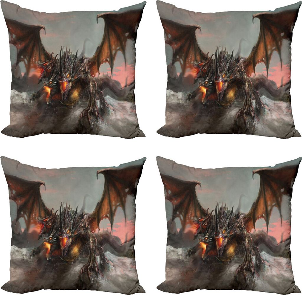 ABAKUHAUS Fantasy World Kissenbezug Set (4 Stück), Drachen Monster, Moderner Doppelseitiger Digitaldruck, 40 cm x 40 cm, Braun-grau