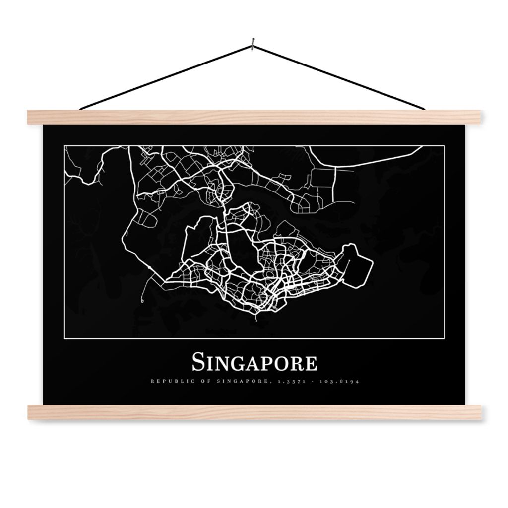 MuchoWow Textilposter Singapur - Karte - Stadtplan 120x80 cm mit holzfarbenen Rahmen - Aufhängeset