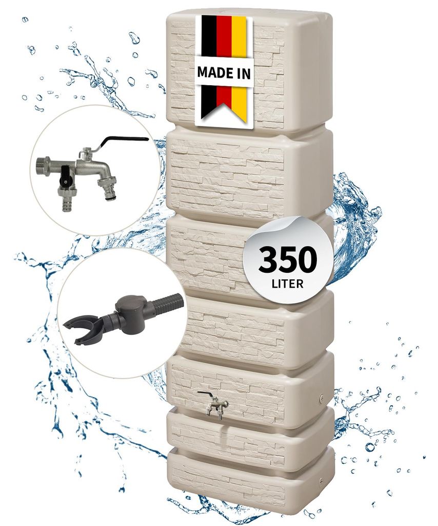 4rain SLIM STONE DECOR Regentonne Wandtank Komplett-Set 350 Liter sandbeige inkl. Chrom-Doppelauslaufhahn und Fallrohranschluss
