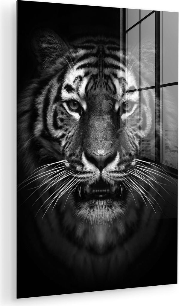 MuchoWow Glasbilder - Bilder auf Wandbild - Foto auf Glas Tiger - Tiere - Schwarz - Weiß - Porträt - Wild 20x30 cm Wanddekoration aus Glas - Acry...
