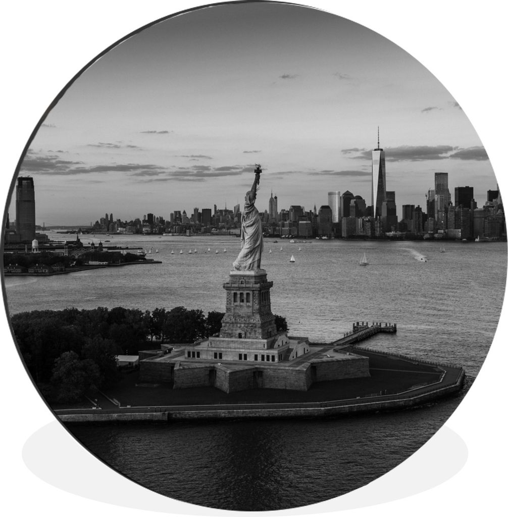 MuchoWow Aluminium Wandkreis Freiheitsstatue und Skyline von New York City - schwarz und weiß Ø 60 cm Wanddeko Modern Wohnzimmer - Wand Kreis -...