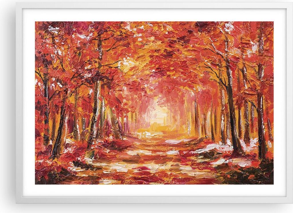 Gerahmtes Poster - Weißer Rahmen - Herbst Wald Rot - 70x50 cm - Wand Bild - Wanddeko - Wandbilder - Kunstposter - Wandposter - Bilderrahmen - Bild...