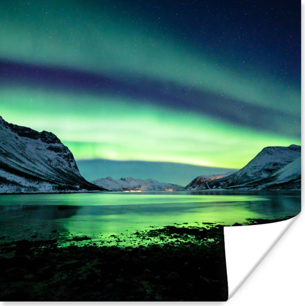 MuchoWow Poster Nordlicht - Norwegen - Eis - Gelb - Berg - Wasser - Schnee 30x30 cm - Wandposter - Printing