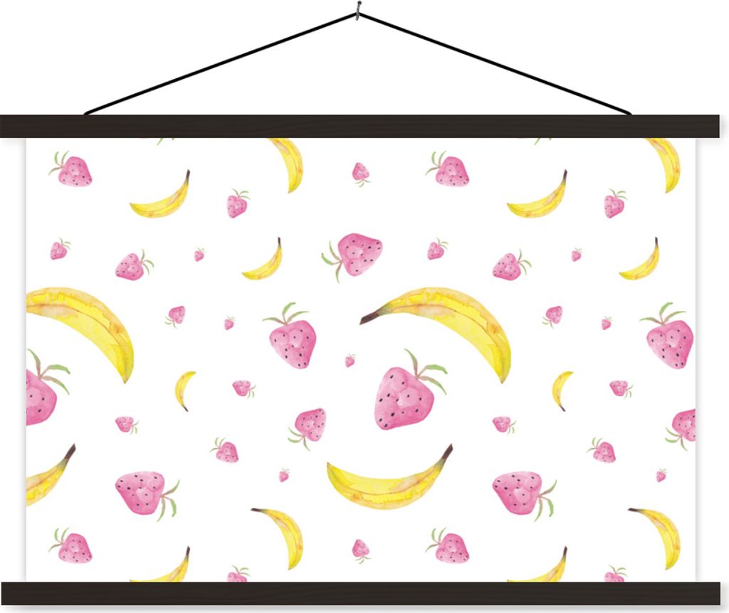 MuchoWow Textilposter Banane - Erdbeere - Design 90x60 cm mit schwarzem Rahmen - Aufhängungssatz