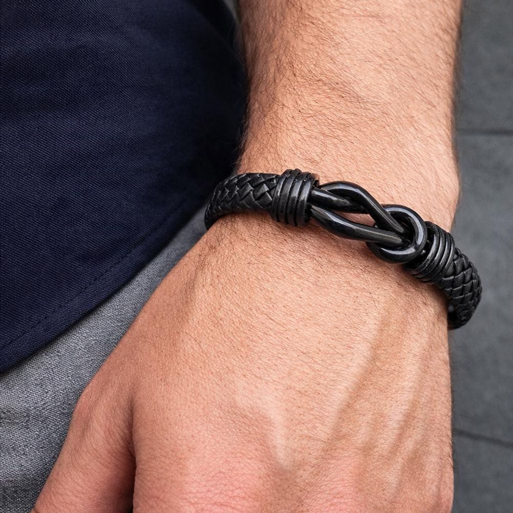 Herren Lederarmband Schwarz Geflochten Magnetverschluss, Produktbild 