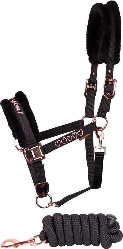 A black horse halter and lead rope with rose gold hardware and accents.