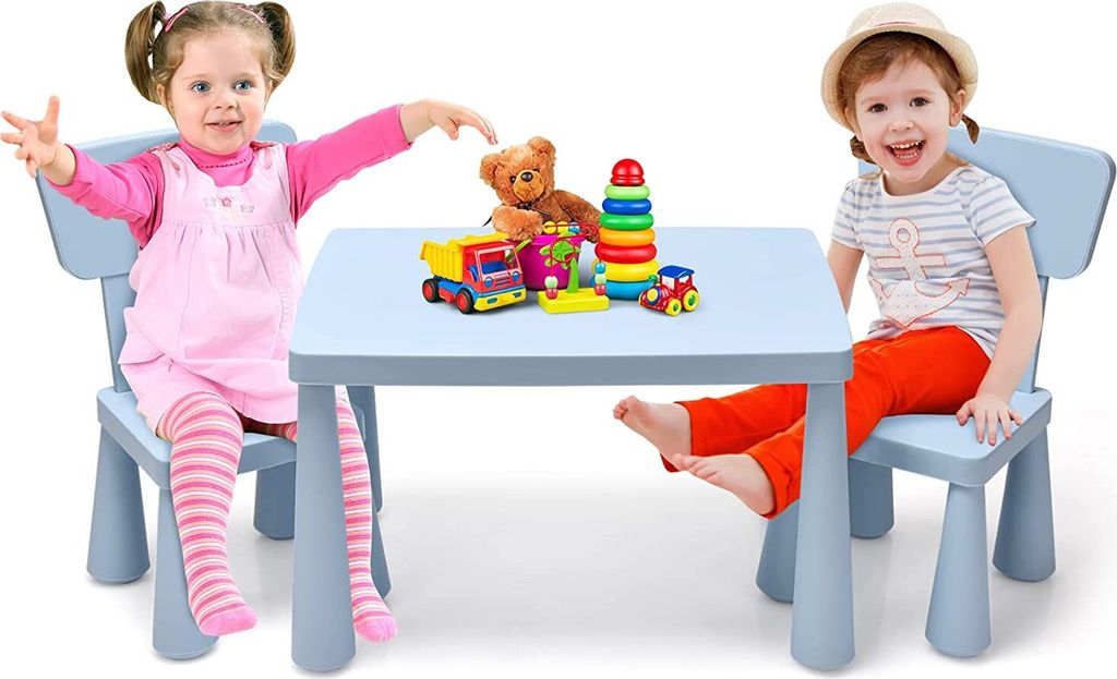 3tlg. Kindersitzgruppe mit 1 Tisch & 2 Stühlen, Kindertisch mit 2 Stühle zum Lernen & Essen & Spielen, Sitzgruppe Kindermöbel Set (Blau)