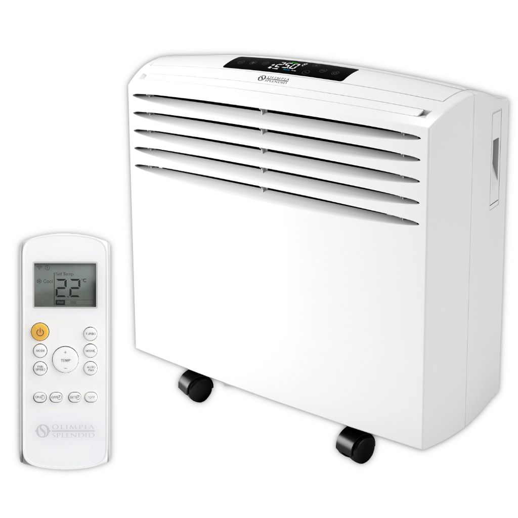 A white portable air conditioner and its remote control are shown against a white background.