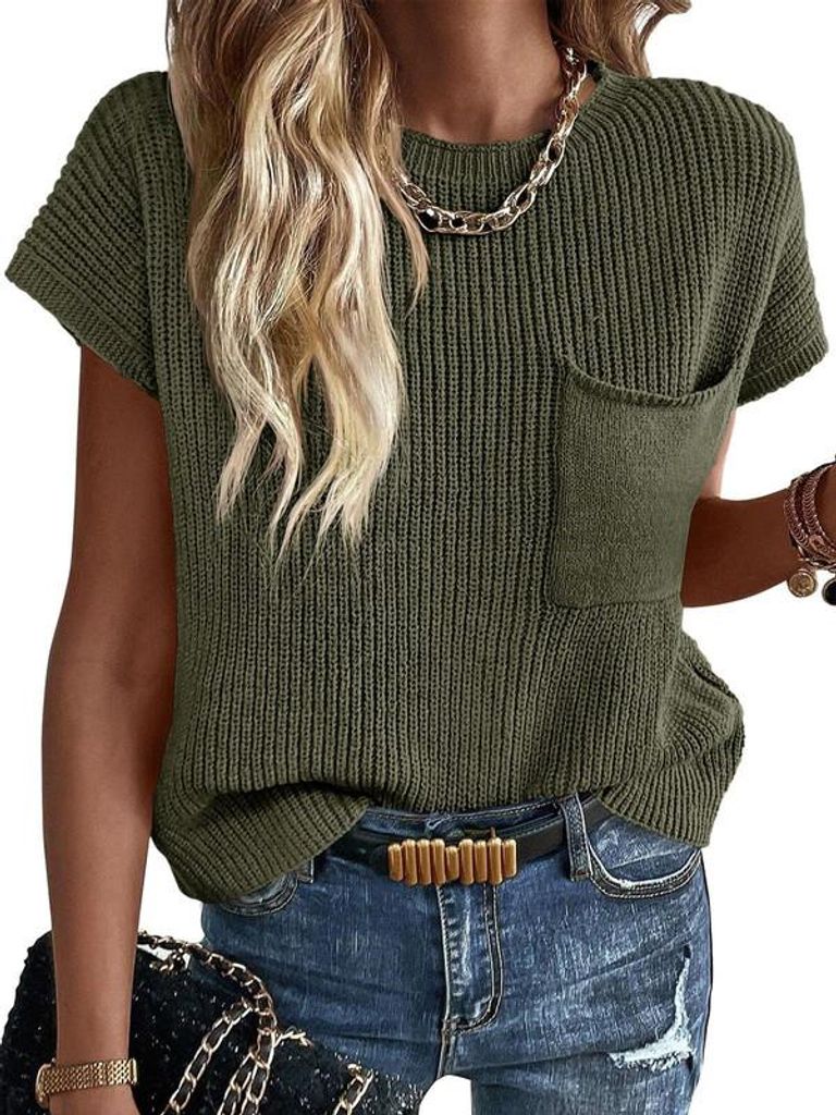 Damen-Strickwaren für Sommer und Herbst – Kurzarm, Rundhalsausschnitt, gerippter Westenstil