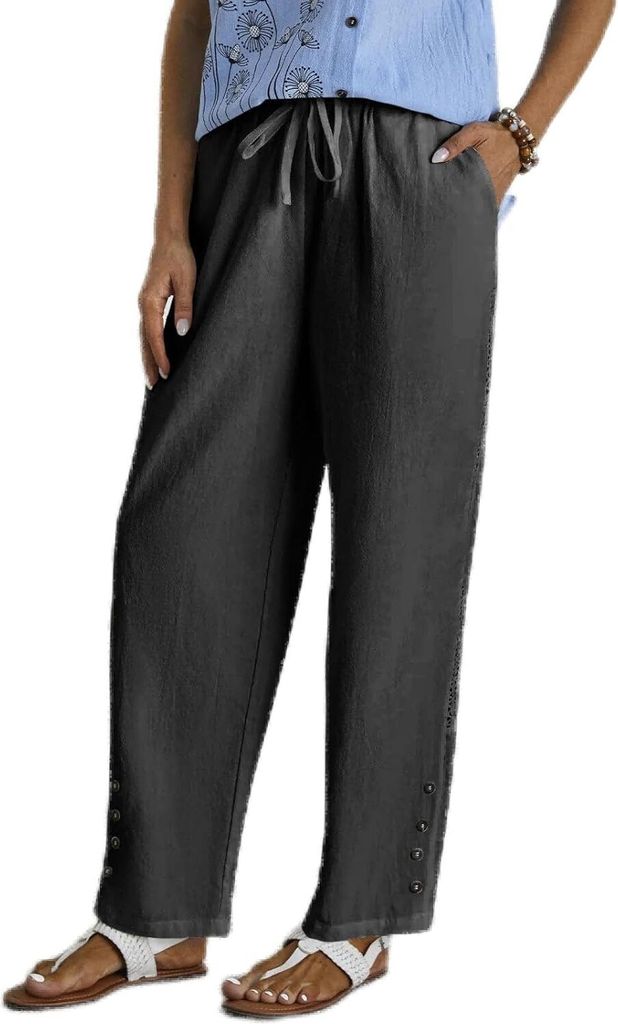 ASKSA Damen Leinenhose Casual Leicht Leinen Hose Gerades Bein Palazzo Freizeithose Einfarbig Hohle Sommerhose (Dunkelgrau,XL)