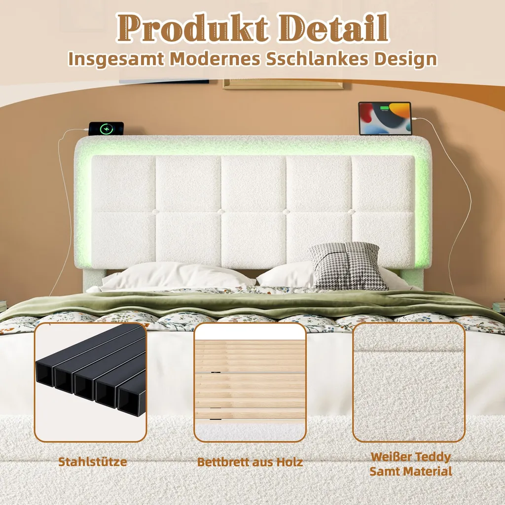 Lit 160x200cm robuste anti-grincement avec tête réglable et USB LED - 7