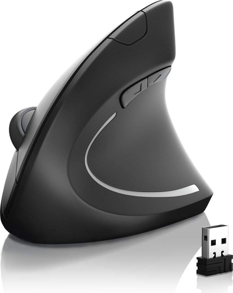 A black vertical wireless mouse and its USB receiver are shown against a white background.