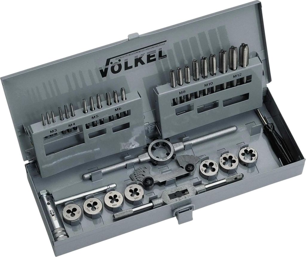 VÖLKEL P.V.12 Handgewindebohrer + Schneideisen Set 31 tlg. M3 - M12 HSS-G ( 49501 ) DIN 352/223