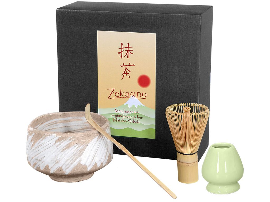 Matcha Set / Matchaset mit original japanischer Matcha Schale 500ml, beige/weiß, mit Besen/Löffel und Halter in Geschenkbox