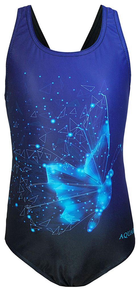 Aquarti Mädchen Badeanzug Chlorresistent Schwimmanzug Muscleback Wassersport Swimsuit, Farbe: EP1281 Schmetterling Blau / Schwarz, Größe: 164