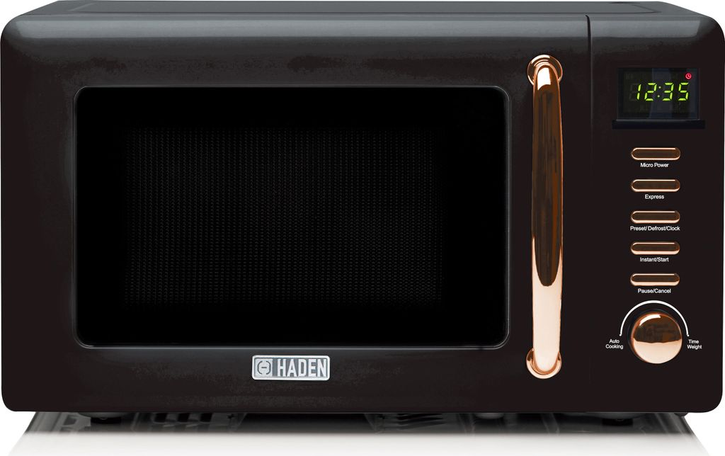 A front view of a black and copper retro-style microwave oven on a white background.