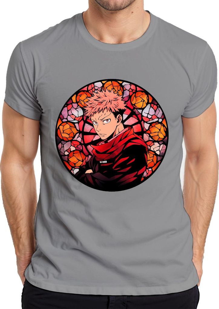 Itadori Jujutsu Kaisen Anime roter Schal Glasfenster Gothic Herren T-Shirt, Grau, M