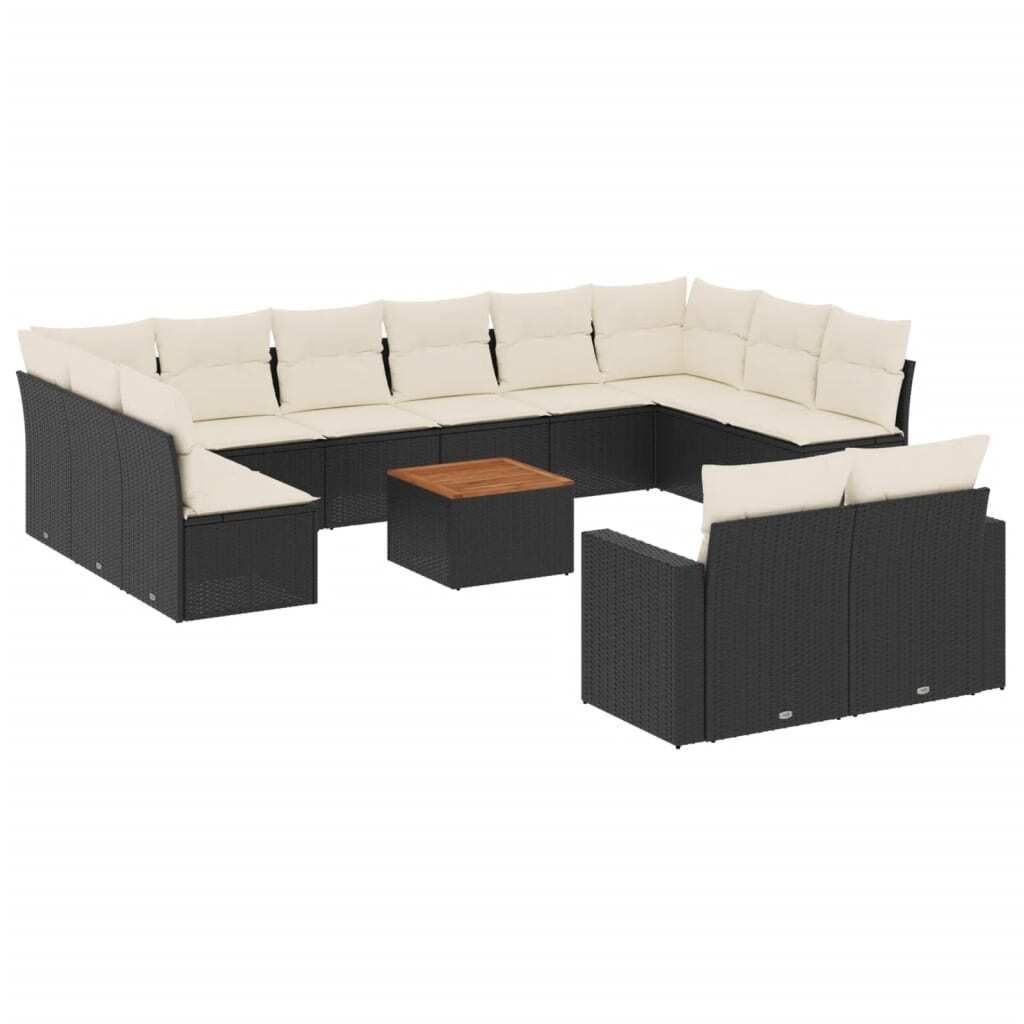 Gartenmöbel-Set, 13-tlg. Loungemöbel mit Stauraum, Poly Rattan Schwarz, Akazienholz Tischplatte, Cremeweiße Kissen, UV-beständig