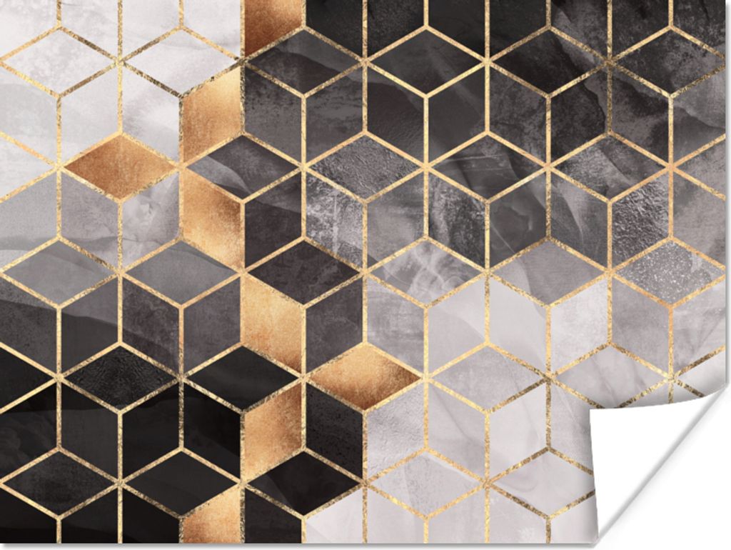 MuchoWow Poster Abstrakt - Würfel - Gold - Muster - Schwarz - Weiß 120x90 cm - Wandbild
