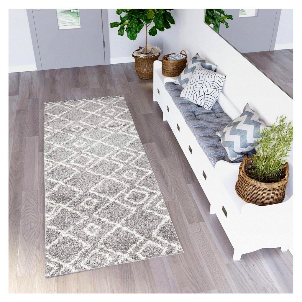 Teppichläufer Delhi Hochflor Shaggy Grau Creme Gitter Muster Flauschig Modern 120 x 340 cm
