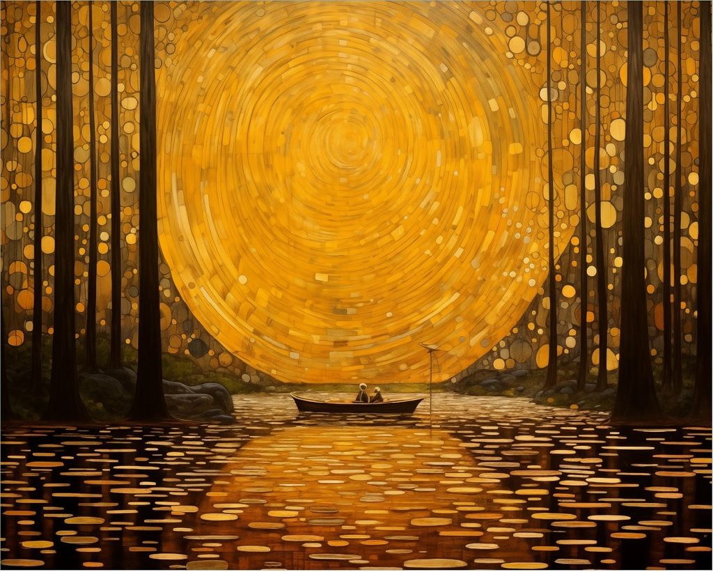 Wallario Poster - Goldene Flussfahrt, Kunstdruck Größe: 40 x 50 cm