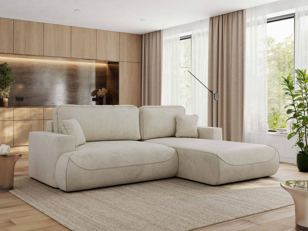 MKS MEBLE Ecksofa OVO mit Schlaffunktion und Bettkasten, Beige Velvet, L-form Couch, 4-Sitzer Ecksofa, 271x195x95 cm - Rechts Seite